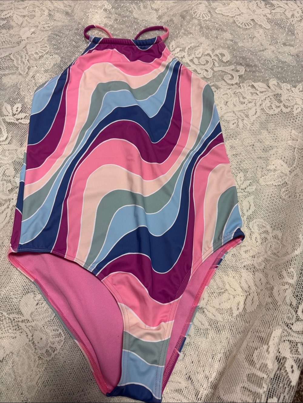 ROXY NWT 16 Girls' Pink blue Multicolor Wave print halter One-Piece Swimsuit